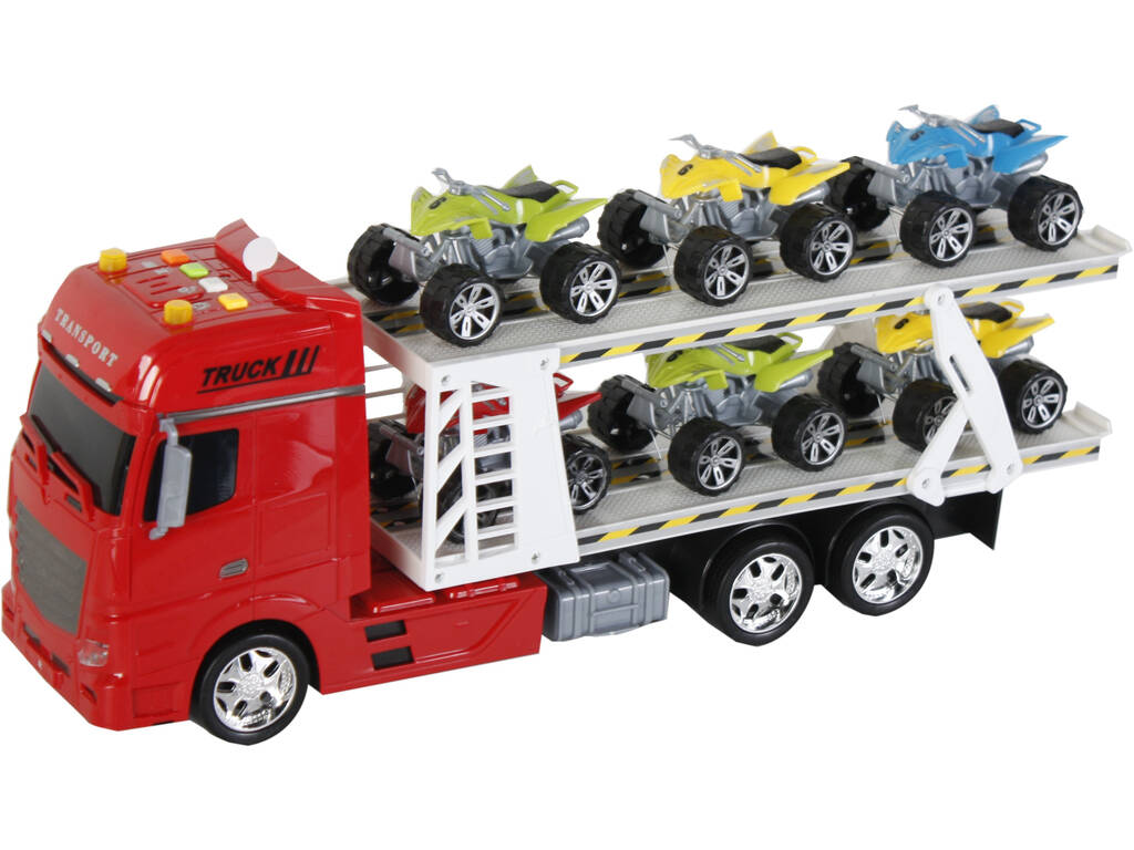 Camion rosso a frizione con rimorchio e 6 veicoli