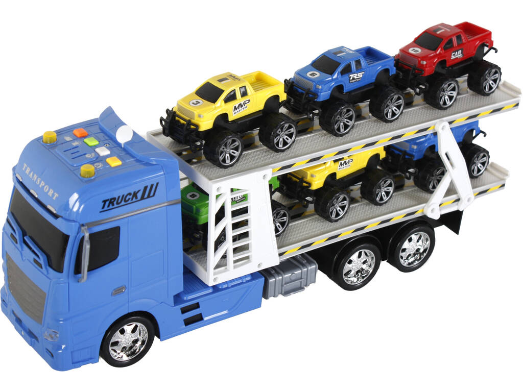 Camion Azul Friccion con Remolque y 6 vehiculos