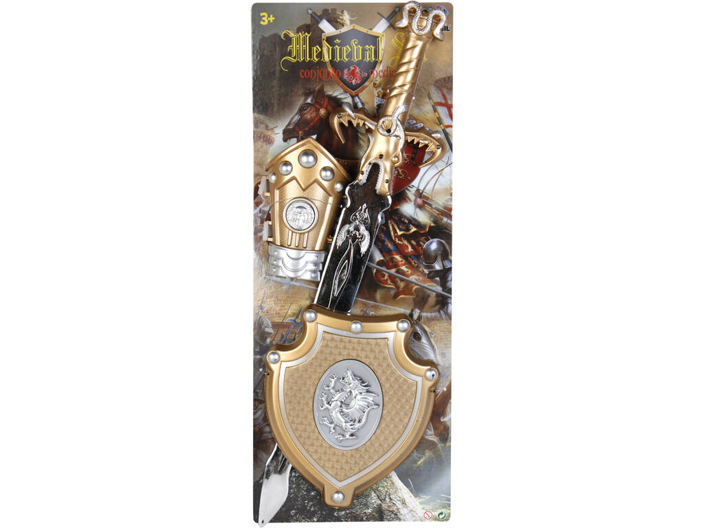 Conjunto Mediebal Cavaleiros do Dragão Áureo com Espada, Escudo e Bracelete
