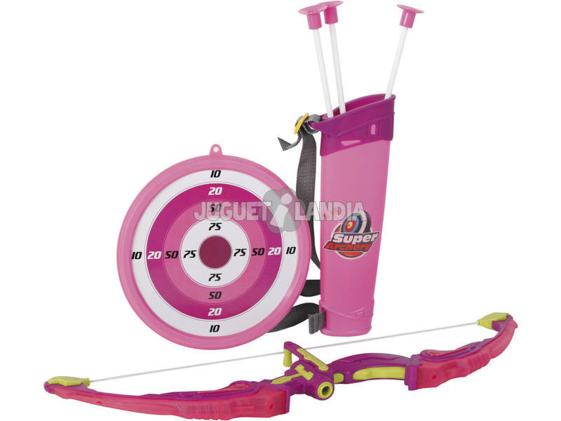 Bogen mit Pfeilen, Köcher und rosa Zielscheibe
