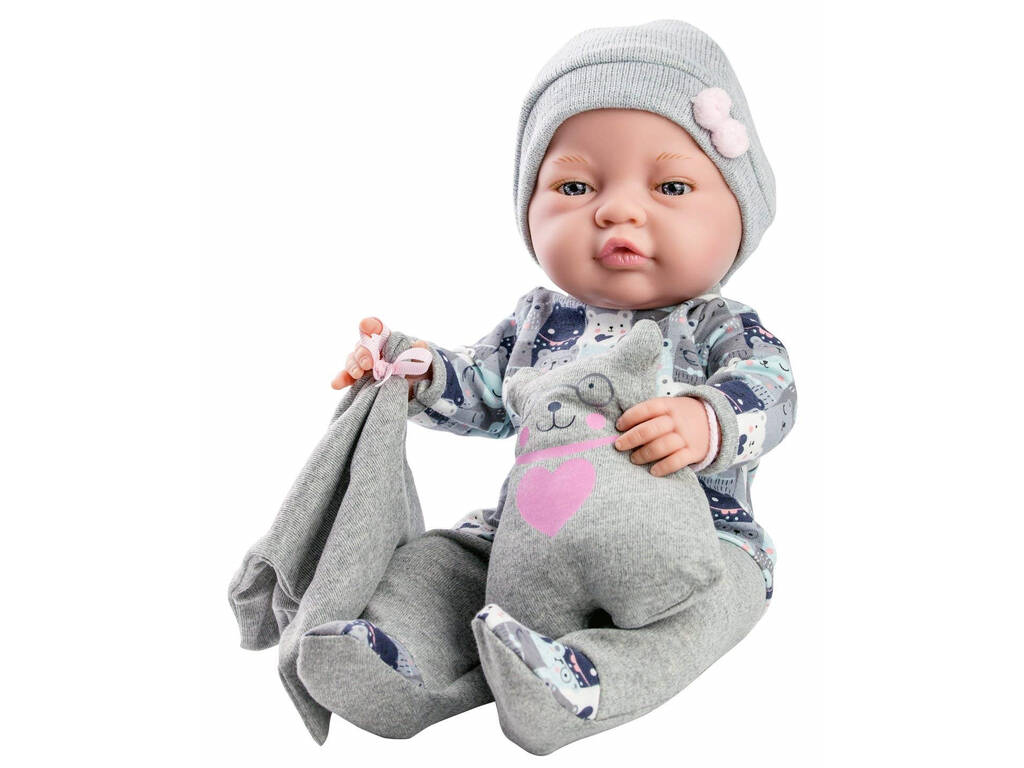 Muñeca Bebita 45 cm. Peto Gris y Osito Paola Reina 5182