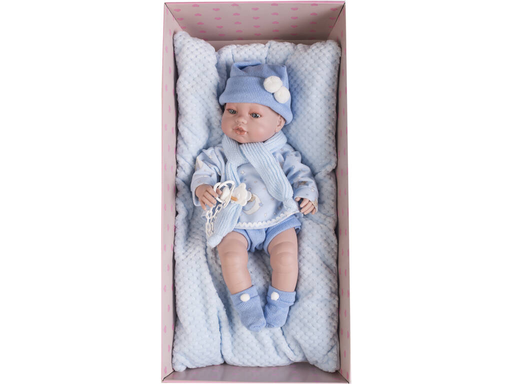 Neugeborene Puppe 42 cm. Blaues Kleid und Kissen Berbesa 5115A