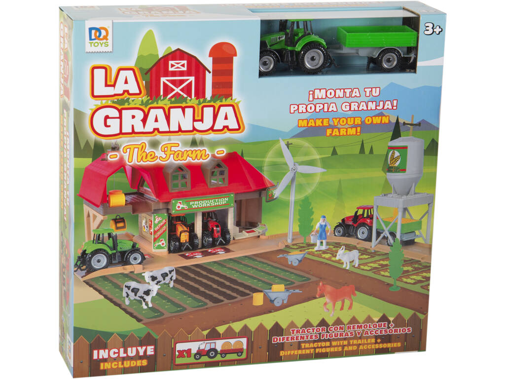 Der Bauernhof mit Figuren, Traktor mit Anhänger und grünen Zubehör