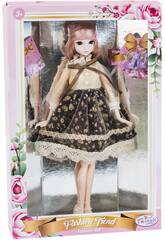Bambola Stile Giappone 29 cm. Gonna Nera e Fiori