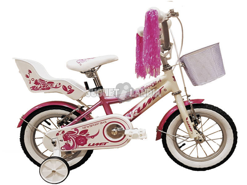 Bicicleta 12 Diana Cor-de-rosa e Branca com Cesto e Assento para Boneca Umit 1271-35