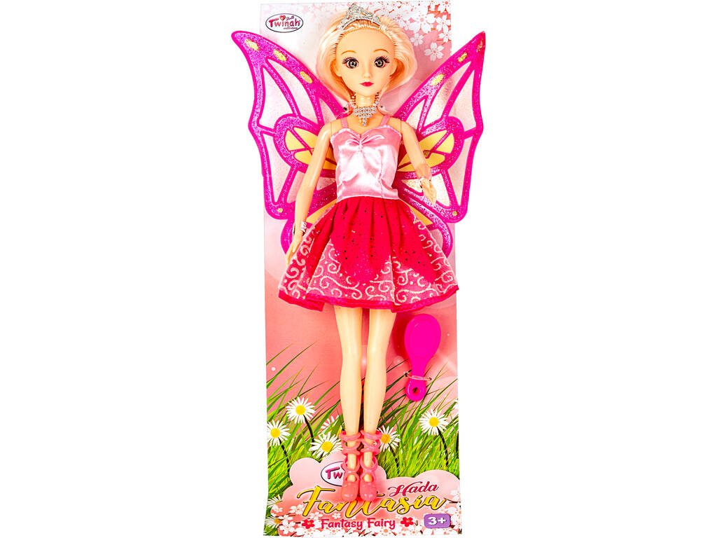 Boneca Fada 30 cm. Vestido Cor-de-rosa com Brilho na Saia