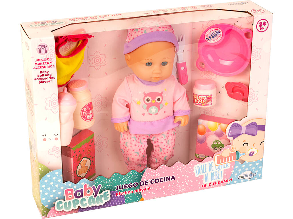 Boneca Bebé 30cm Cor-de-rosa Com Acessórios Comida