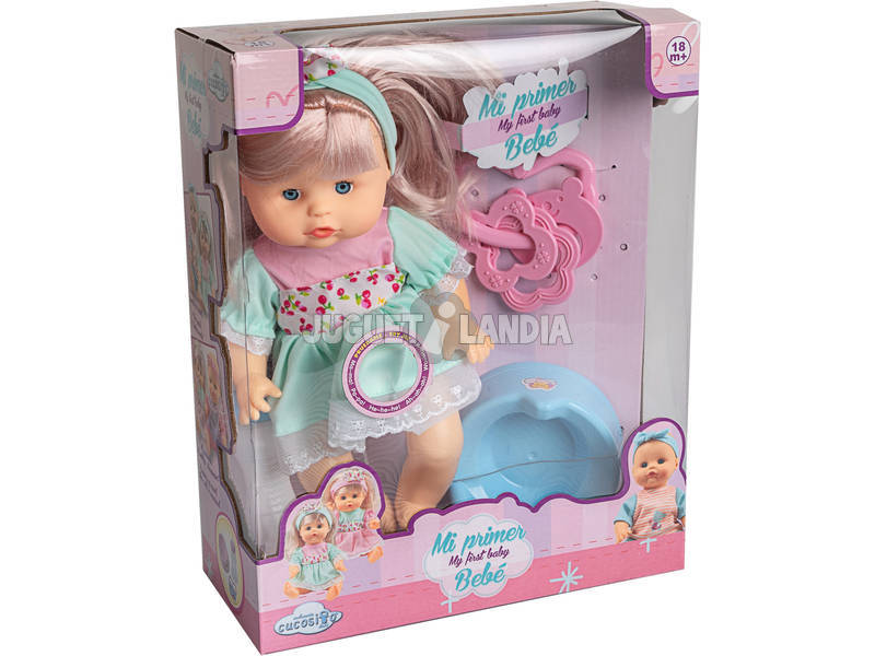 Puppe 30 cm. Blaues Baby Mädchen mit Töpfchen und Accesoires