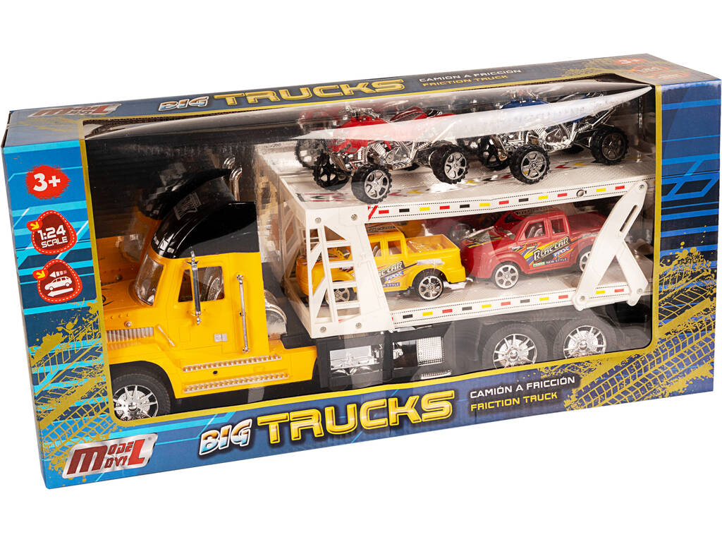 Camión Portacoches Amarillo Con 2 Camionetas y 2 Quads