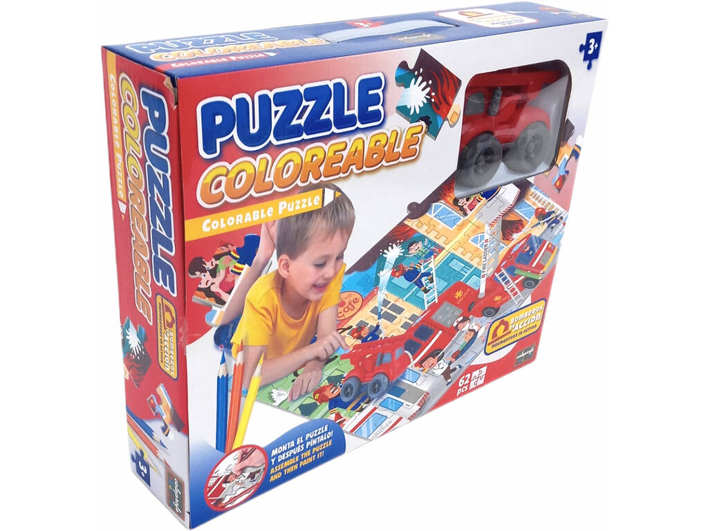 Puzzle Coloreable Bomberos con Vehículo Fricción