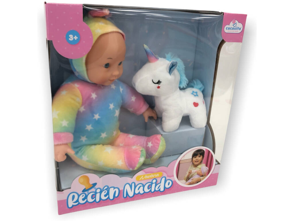 Boneca Bebé 33 cm. Pijama Arcoíris com Unicórnio Branco