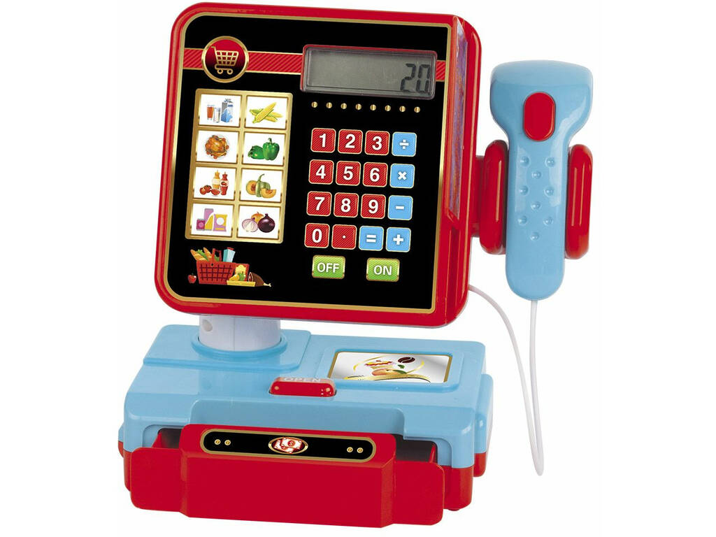 Caisse enregistreuse bleue et rouge avec calculatrice et scanner