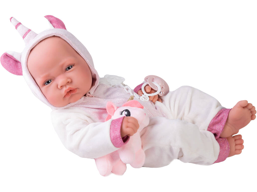 Neugeborene Puppe mit Einhörnkostüm 42 cm. Antonio Juan 50268