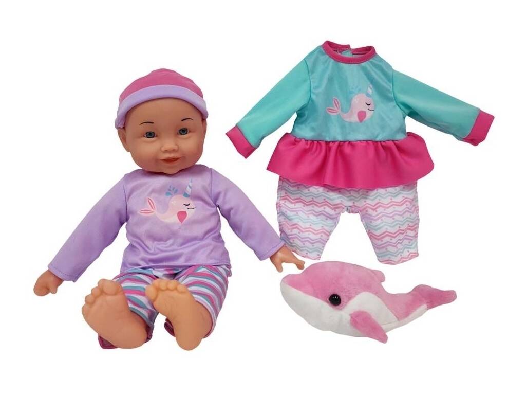 Set Bambola Bebé 35 cm. con Costume e Peluche Delfino