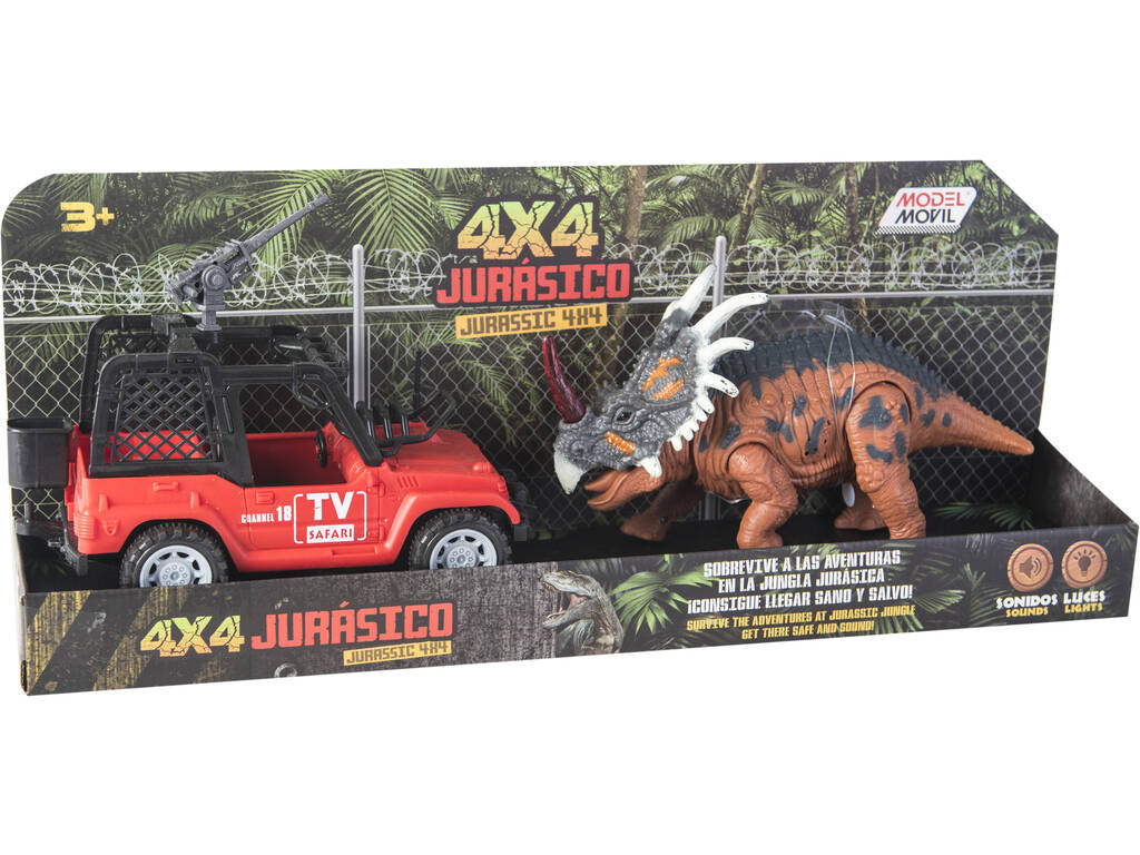 Set Veicolo Fuoristrada Rosso e Triceratopo con Luci e Suoni