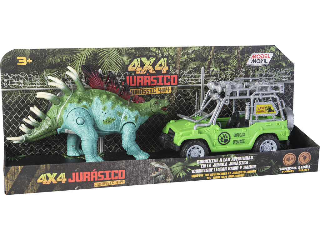 Set Vehículo Todoterreno Verde y Estegosauro con Luces y Sonidos