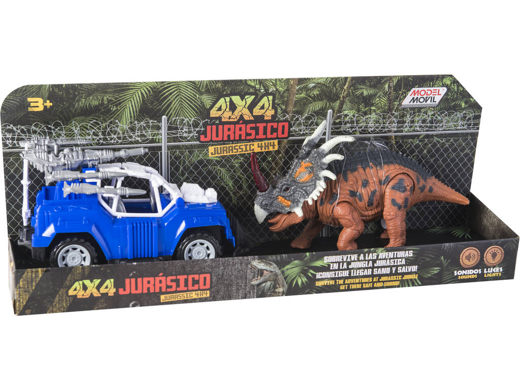 blauen Geländewagen und Triceratops mit Lichtern und Geräuschen