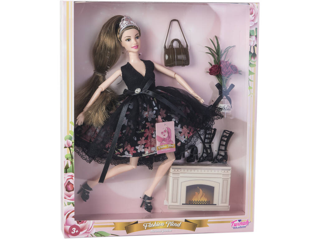 28 cm Fashion Puppe mit schwarzem Kleid und Accessoires