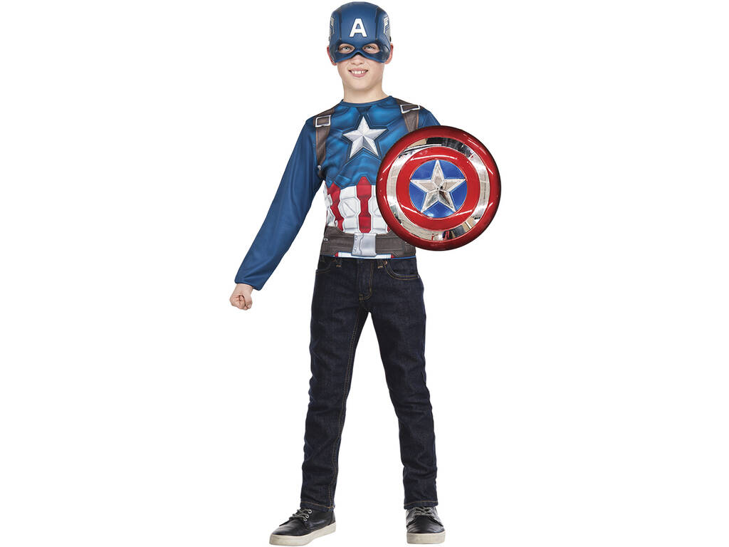 Disfraz Niño Capitán América Camiseta con Escudo y Máscara Rubies G34112