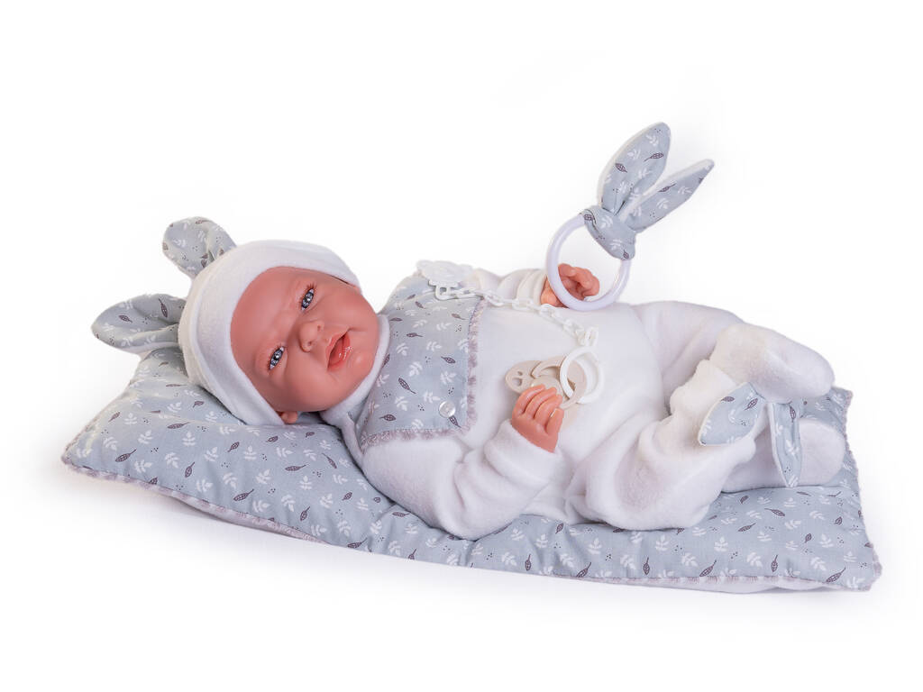 Bambola neonata Leo Coniglietto con cuscino 42 cm. Peso reale Antonio Juan 33356