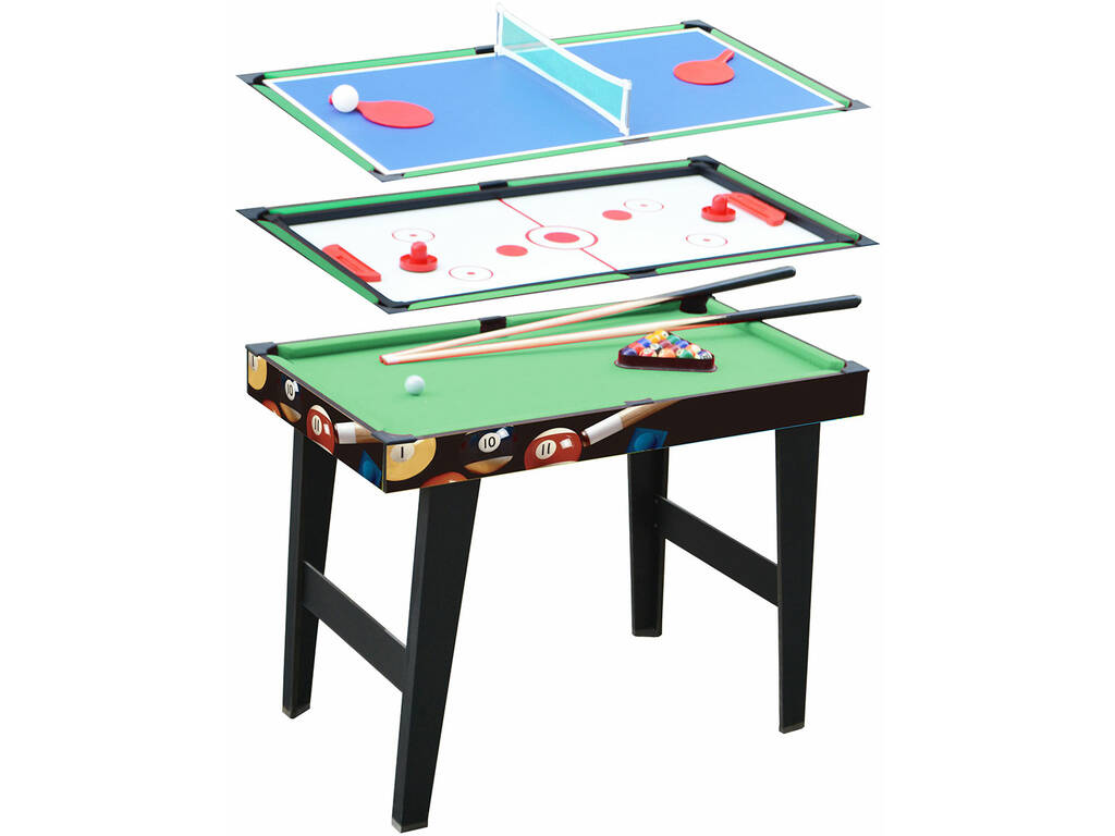 Mesa de Jogos 3 em 1 de 92x50x68 cm. Bilhar, Hóquei e Ping Pong com acessórios