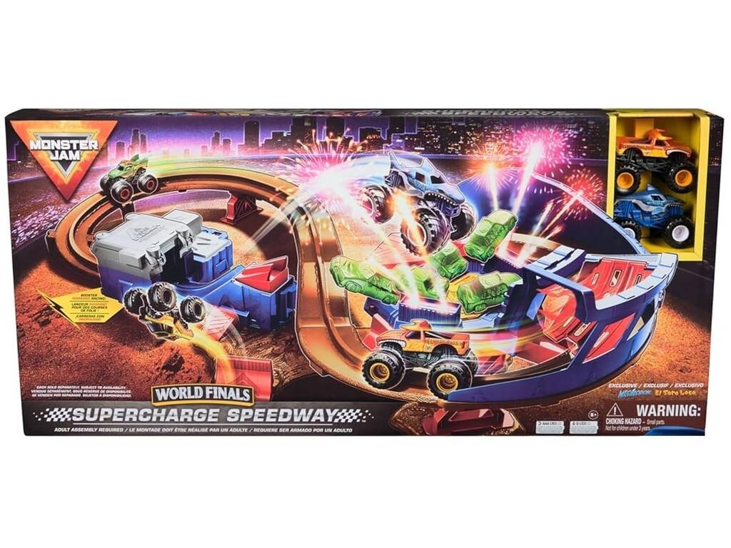 Monster Jam Supercharge Speedway con Megalodon y el Toro Loco