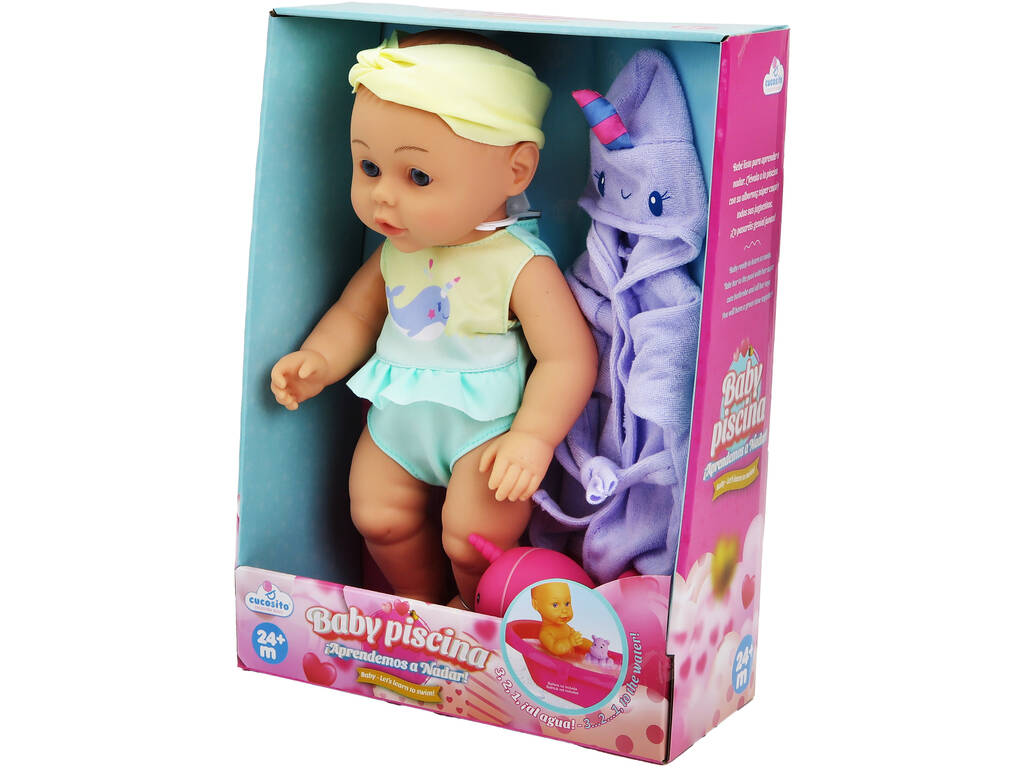 Muñeca Bebé Baby Piscina de 30 cm con Albornoz Violeta y Juguete de Baño