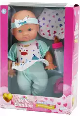 Boneca Bebé Comilão Pijama Azul de 22 cm com Biberão