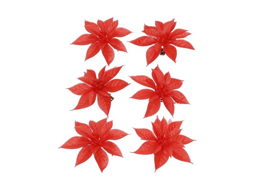 Pack 6 Flores Rojas de Navidad con Clip de 9 cm