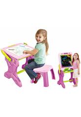 Bureau rose 2-en-1 avec lumire LED et tabouret