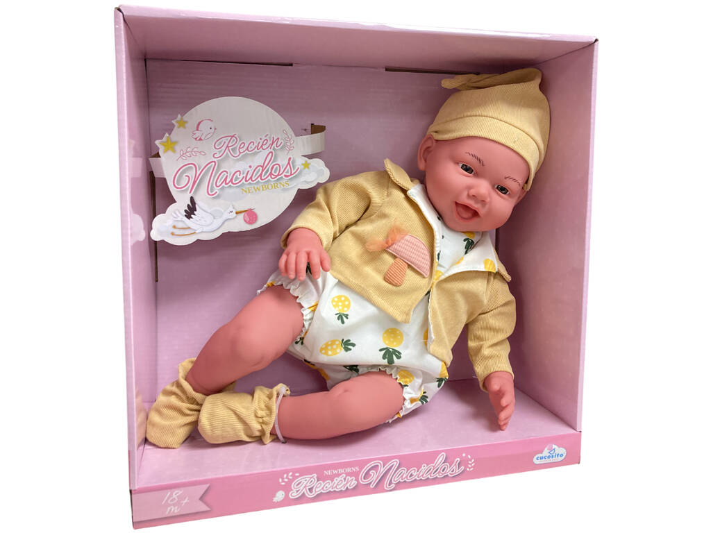 Boneca Bebé Conjunto Amarelo de 42 cm com Sons