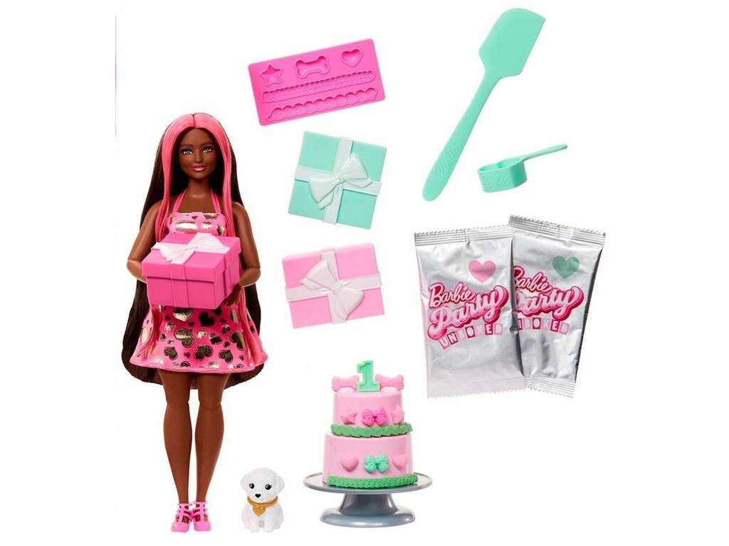 Poupée brune Barbie Party Unboxed avec surprises