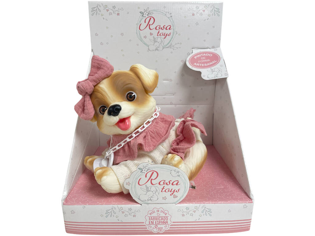Poupée chien blanc et beige de 23 cm avec nœud rose