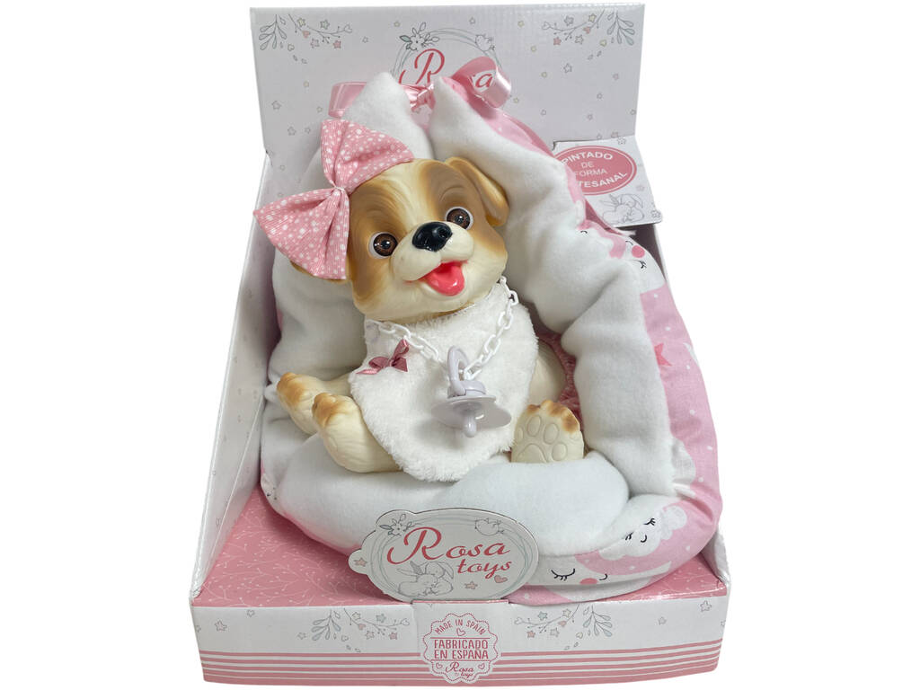 Poupée chien blanc et beige de 23 cm avec nacelle