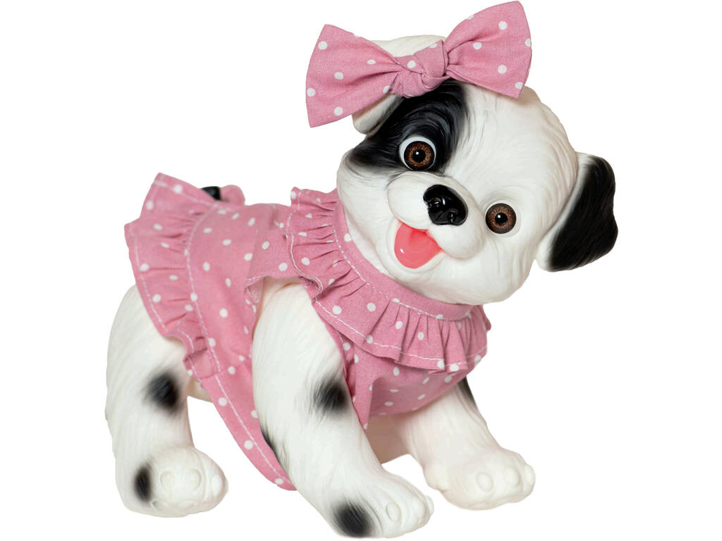Poupée chien noir et blanc 23 cm avec robe rose