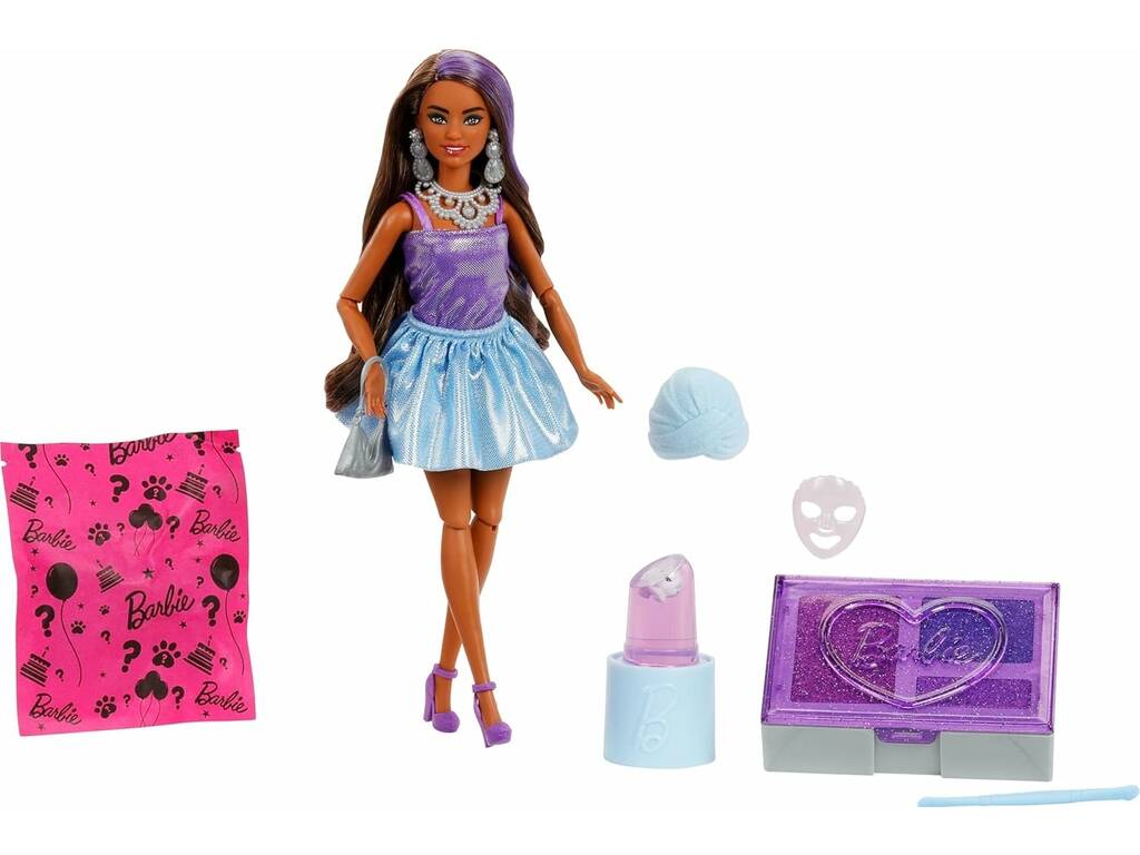 Barbie Party Unboxed Poupée avec palette violette et 10 surprises
