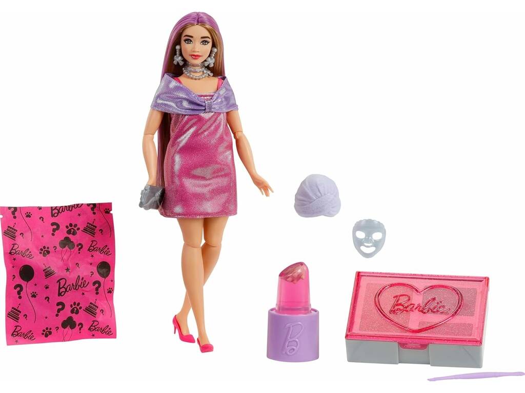 Barbie Party Unboxed Poupée avec palette rose et 10 surprises