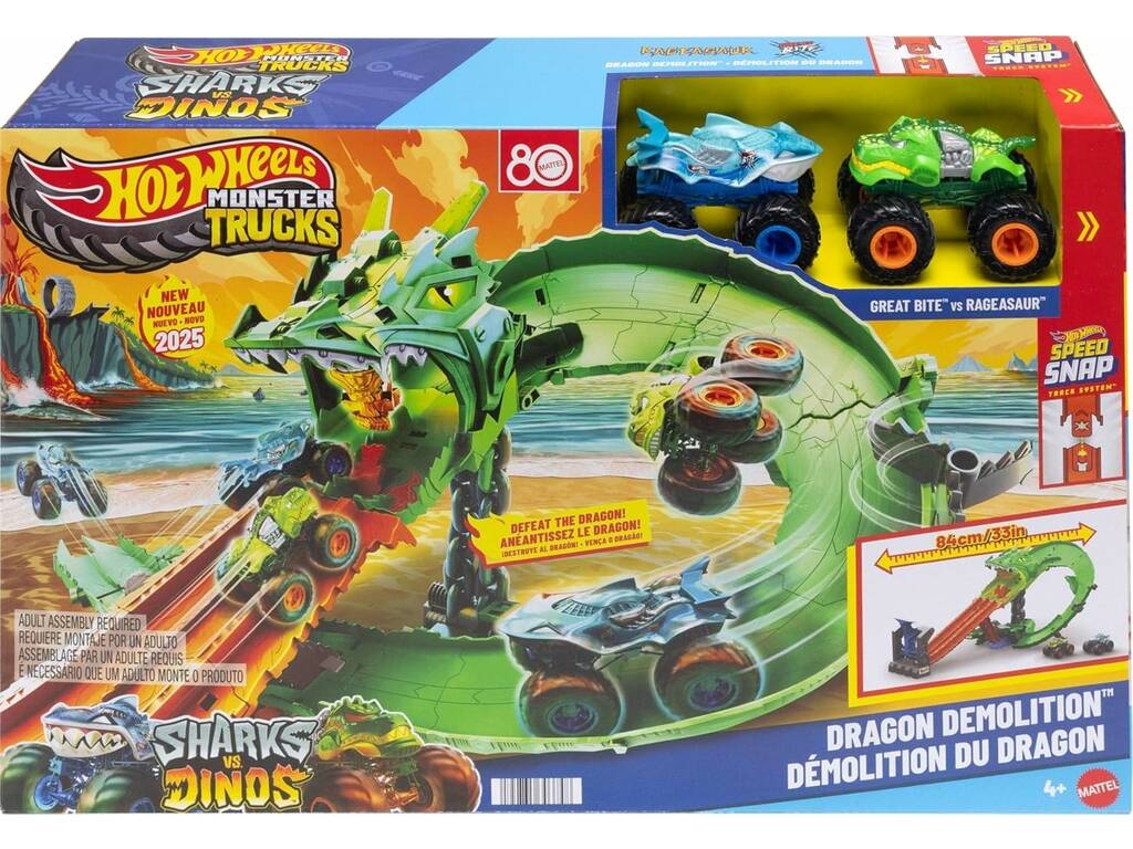 Hot Wheels Monster Trucks Sharks VS Dinos Piste Dragon Demolition
