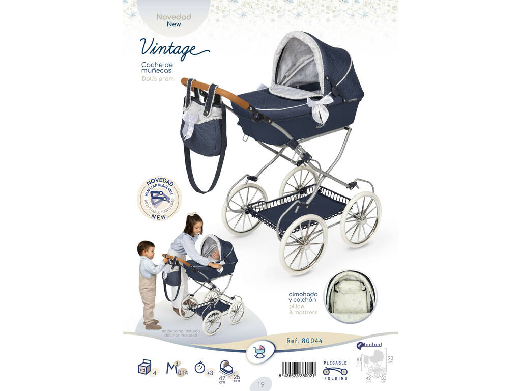 Chariot de poupée pliable vintage avec sac à main