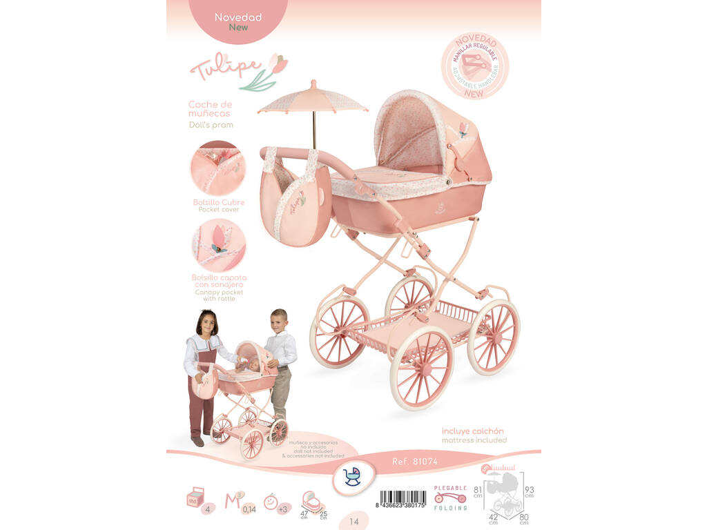 Tulipe Chariot pliable pour poupées avec parasol et sac