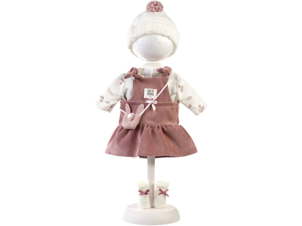 Ensemble poupée 42 cm avec salopette rose, bonnet et chaussons