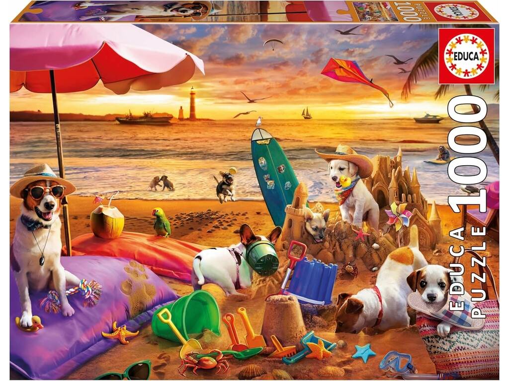 Puzzle 1000 chiens jouant sur la plage