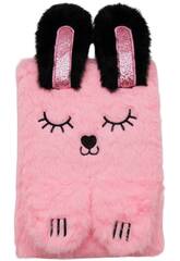 Carnet en peluche A5 lapin rose avec 80 pages