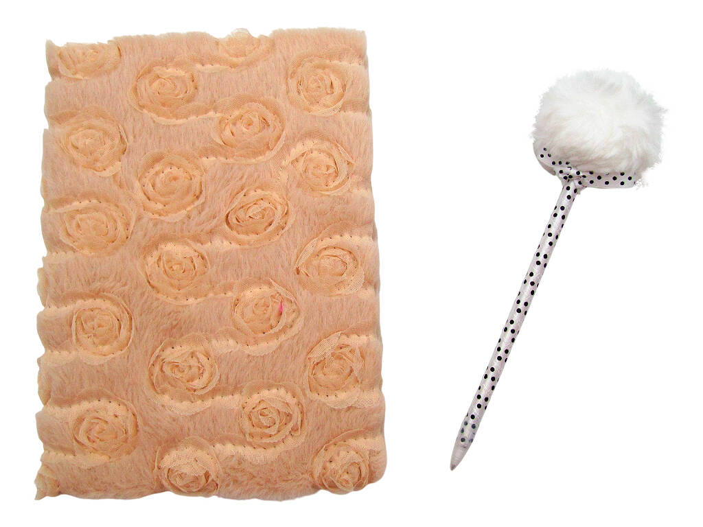 Pack Carnet Peluche A5 Fleurs Beige avec 80 Pages et Stylo Bleu avec Pompon de 22 cm
