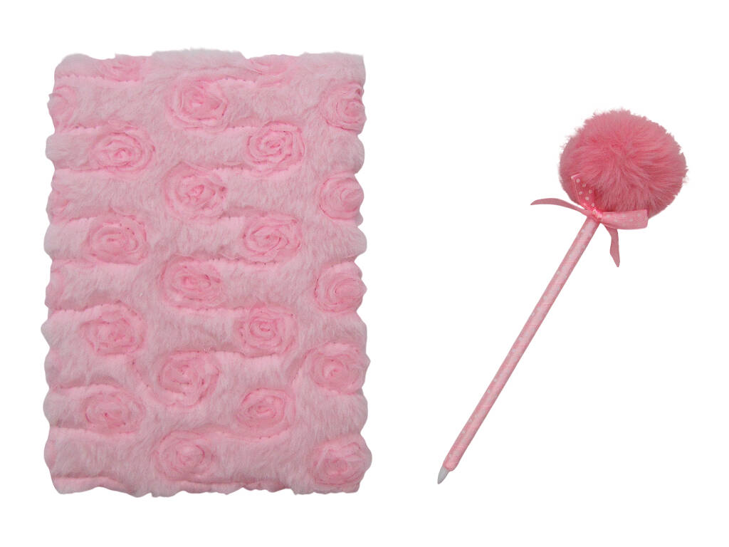 Pack Carnet Peluche A5 Fleurs Rose avec 80 Pages et Stylo Bleu avec Pompon de 22 cm