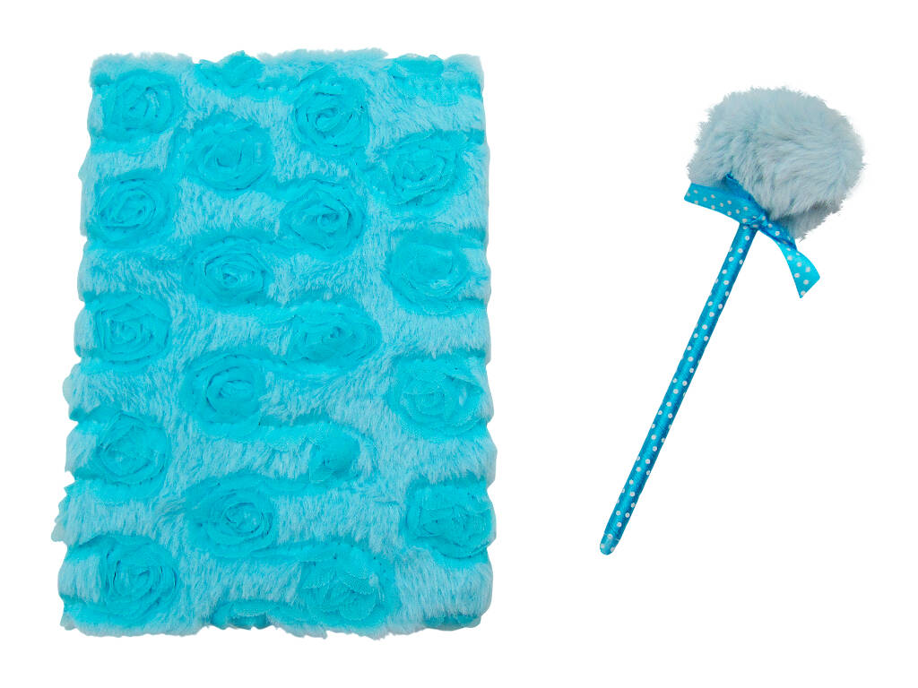 Pack Carnet Peluche A5 Fleurs Bleu avec 80 Pages et Stylo Bleu avec Pompon de 22 cm
