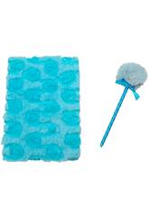 Pack Carnet Peluche A5 Fleurs Bleu avec 80 Pages et Stylo Bleu avec Pompon de 22 cm