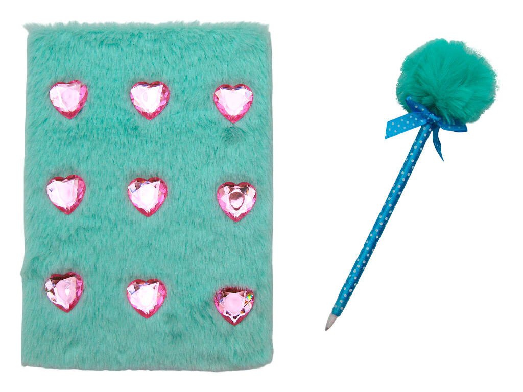 Pack Carnet Peluche A5 Cœurs Bleus avec 80 Pages et Stylo Bleu à Pompon de 22 cm