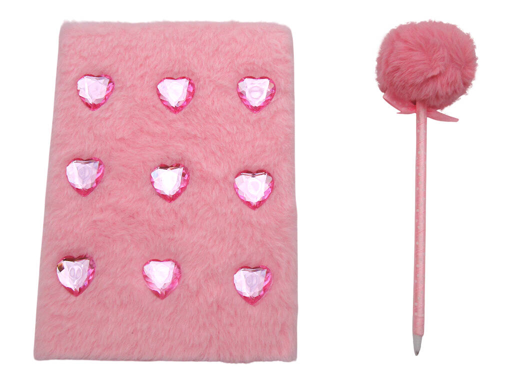 Pack Carnet Peluche A5 Cœurs Rose avec 80 Pages et Stylo Bleu avec Pompon de 22 cm
