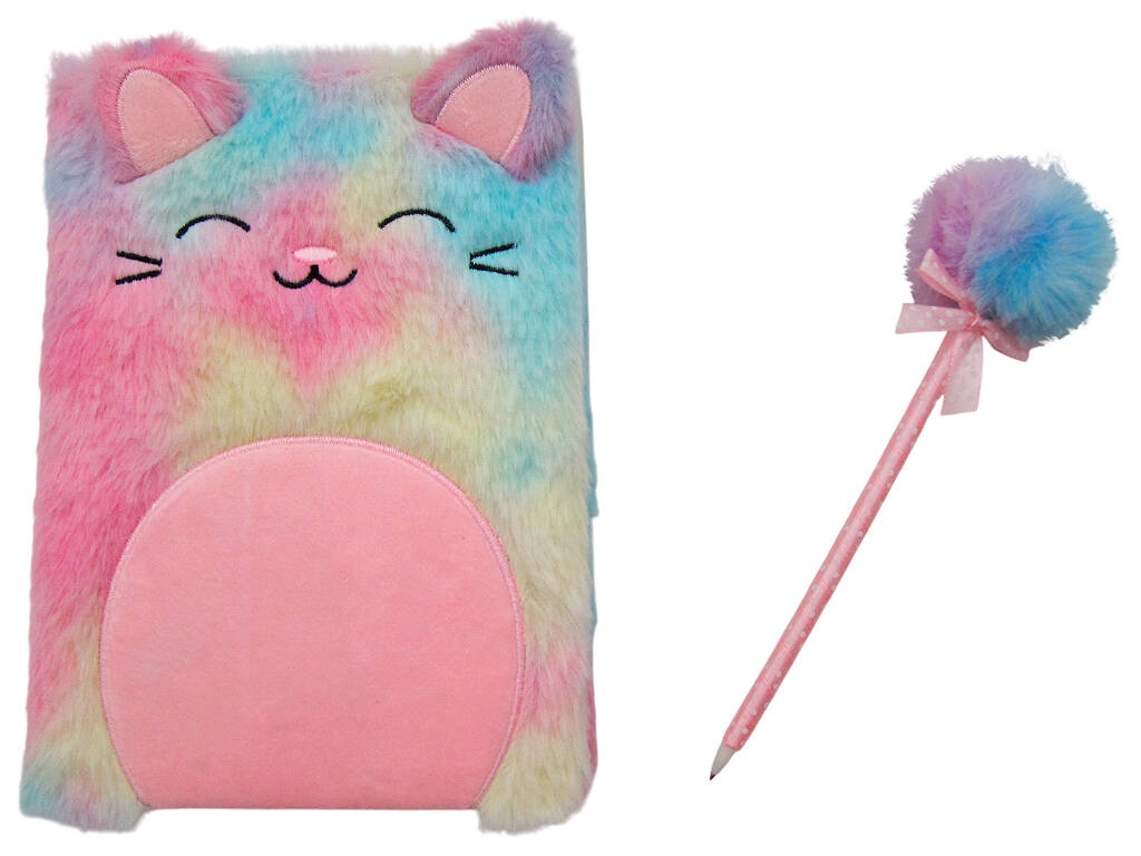 Pack Carnet Peluche A5 Chat Rose avec 80 Pages et Stylo Bleu avec Pompon de 22 cm